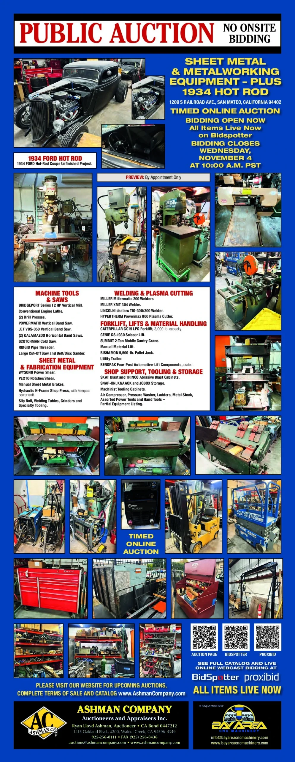 Auction brochure for the November 4, 2026 San Mateo timed online auction featuring a 1934 Ford hot rod and shop equipment.